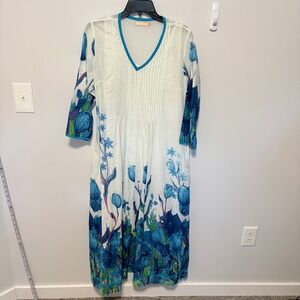 La Cera Floral Pintuck Midi Dress Womens White Blue Size S Cotton V-Neck Pockets